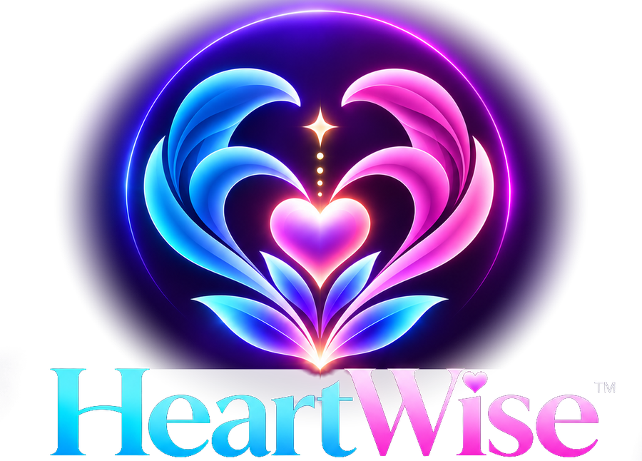 The HeartWise logo: a glowing blue and pink heart cradled by two curving shapes, above the HeartWise name.